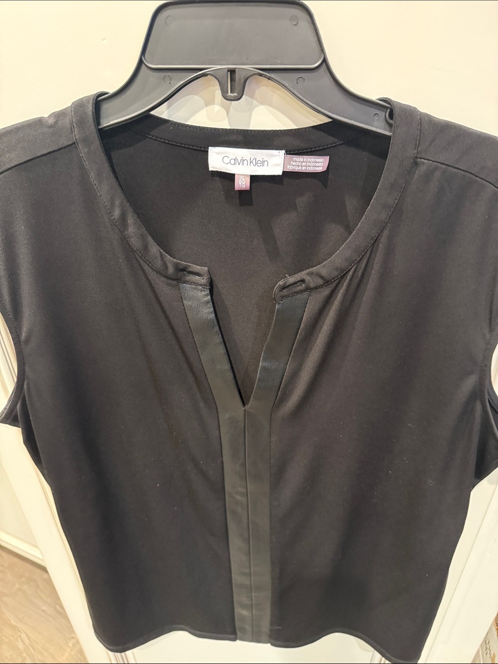 Calvin Klein Black Sleeveless Split V-Neck Top with Faux-Leather Trim